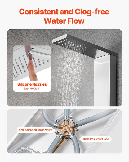 Shower Panel Tower System with Rainfall Waterfall Shower Head, 53 in Brushed Stainless Steel Shower Column, 5-Function Faucet, Wall-Mount Rain Massage System with 2 Body Jet, Handheld, Tub Spout