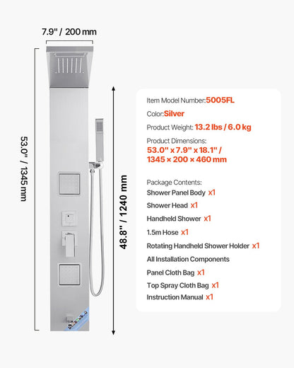 Shower Panel Tower System with Rainfall Waterfall Shower Head, 53 in Brushed Stainless Steel Shower Column, 5-Function Faucet, Wall-Mount Rain Massage System with 2 Body Jet, Handheld, Tub Spout
