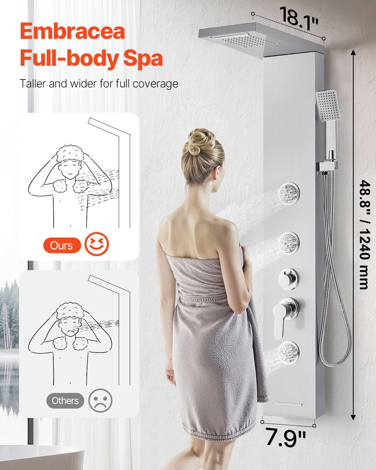 Shower Panel Tower System with Rainfall Waterfall Shower Head, 53 in Brushed Stainless Steel Shower Column, 5-Function Faucet, Wall-Mount Rain Massage System with 3 Body Jet, Handheld, Tub Spout