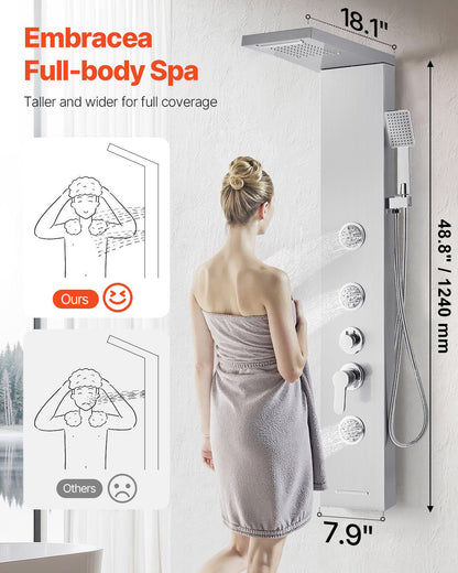 Shower Panel Tower System with Rainfall Waterfall Shower Head, 53 in Brushed Stainless Steel Shower Column, 5-Function Faucet, Wall-Mount Rain Massage System with 3 Body Jet, Handheld, Tub Spout