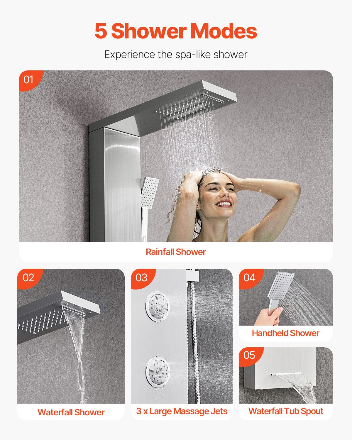 Shower Panel Tower System with Rainfall Waterfall Shower Head, 53 in Brushed Stainless Steel Shower Column, 5-Function Faucet, Wall-Mount Rain Massage System with 3 Body Jet, Handheld, Tub Spout