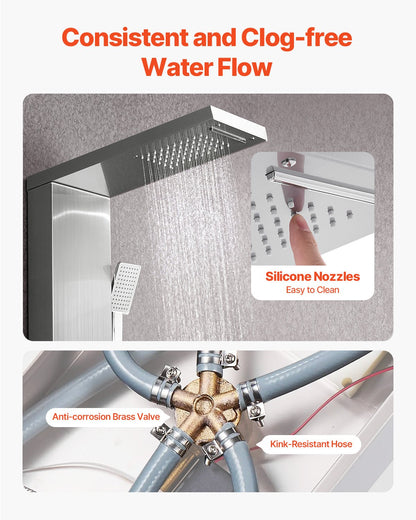 Shower Panel Tower System with Rainfall Waterfall Shower Head, 53 in Brushed Stainless Steel Shower Column, 5-Function Faucet, Wall-Mount Rain Massage System with 3 Body Jet, Handheld, Tub Spout