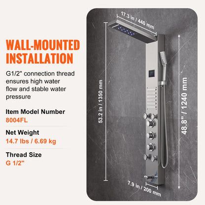 Duschpanelsystem, 6 duschlägen, LED- och skärmmonterad duschpanel med vattenkraft, regndusch, vattenfall, 5 massagestrålar, badkarspip, handdusch, väggmonterad duschset i rostfritt stål