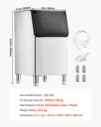 Commercial Ice Maker Storage Bin, 136 kg Capacity Ice-Bin, Commercial Ice Storage Bin with Adjustable Anti-slip Rubber Feet, Suitable for Restaurant Hotel and Beverage Shops