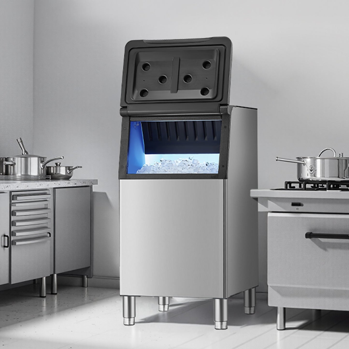 Commercial Ice Maker Storage Bin, 136 kg Capacity Ice-Bin, Commercial Ice Storage Bin with Adjustable Anti-slip Rubber Feet, Suitable for Restaurant Hotel and Beverage Shops