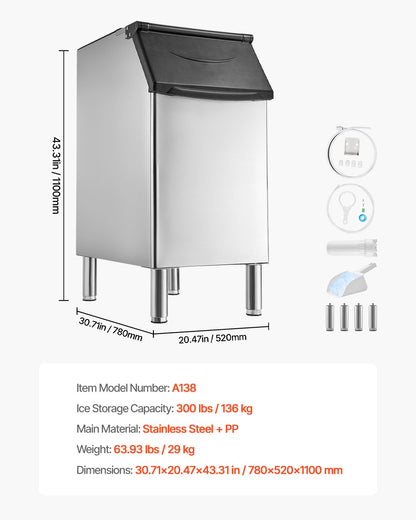 Commercial Ice Maker Storage Bin, 136 KG Capacity Ice-Bin, Stainless Steel Commercial Ice Storage Bin with Adjustable Anti-slip Rubber Feet, Suitable for Restaurant Hotel and Beverage Shops