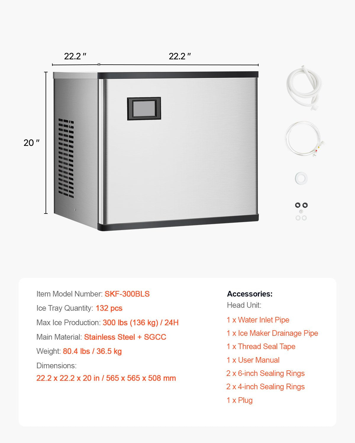 Commercial Ice Maker 300 lbs/24 h Self-Cleaning Ice Machine - Head Only