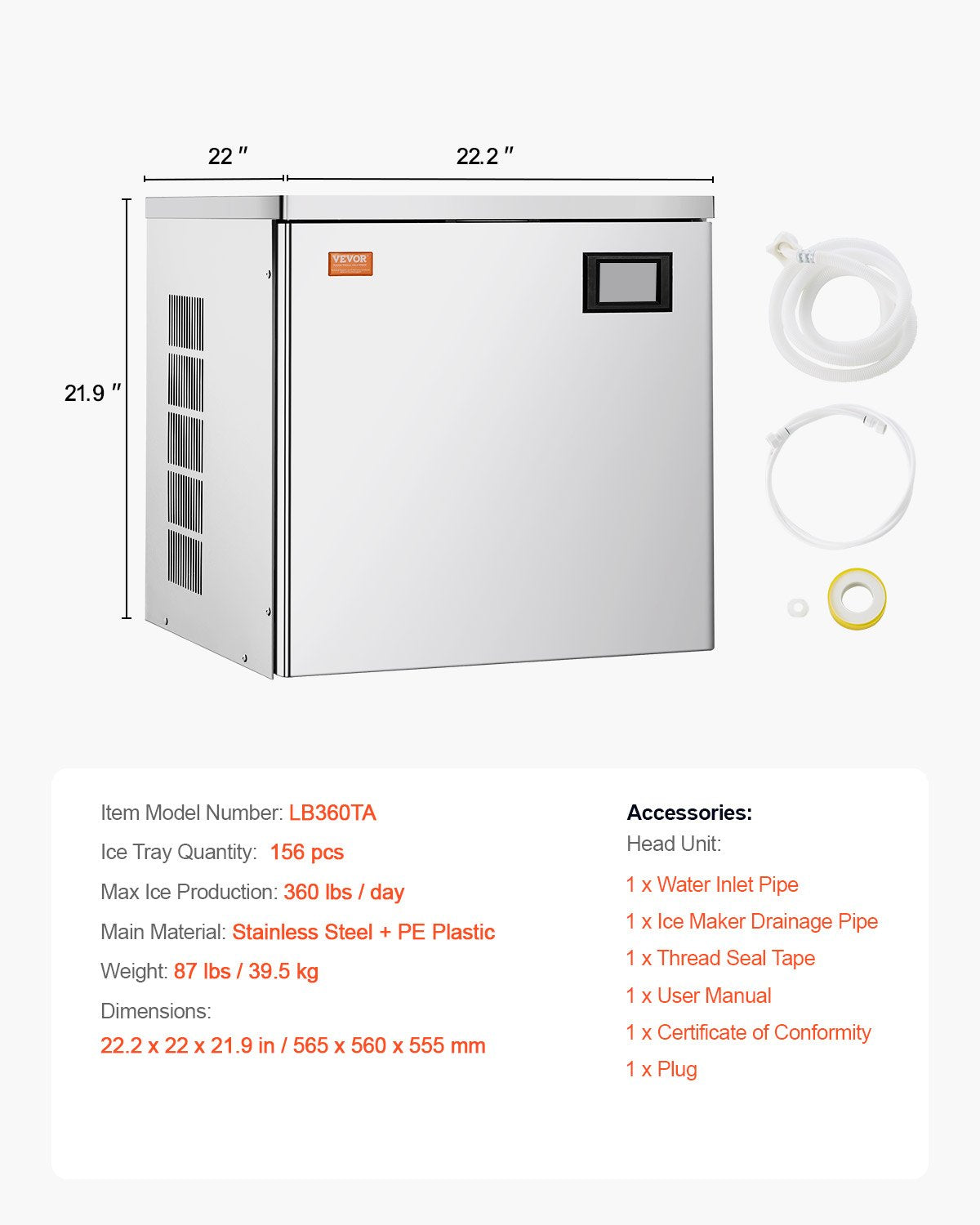 Commercial Ice Maker 360 lbs/Day Self-Cleaning Ice Machine - Head Only