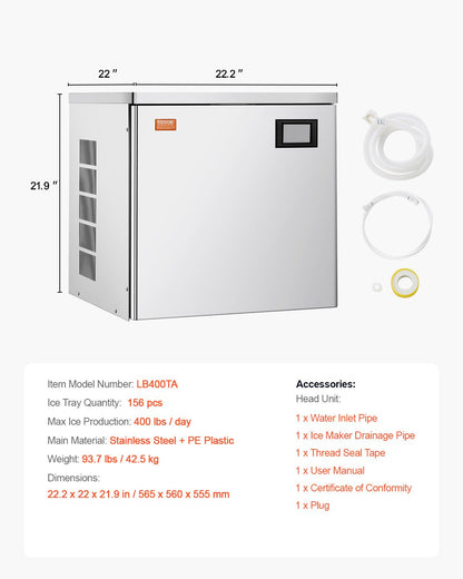 Commercial Ice Maker 400 lbs/Day Self-Cleaning Ice Machine - Head Only