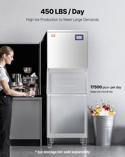 Commercial Ice Maker Machine 450 lbs/Day, 22 Inch Stainless Steel Industrial Ice Machine, Self-Cleaning and Scheduled Ice Making, Modular Ice Cube Machine for Restaurant Hotel - Head Only
