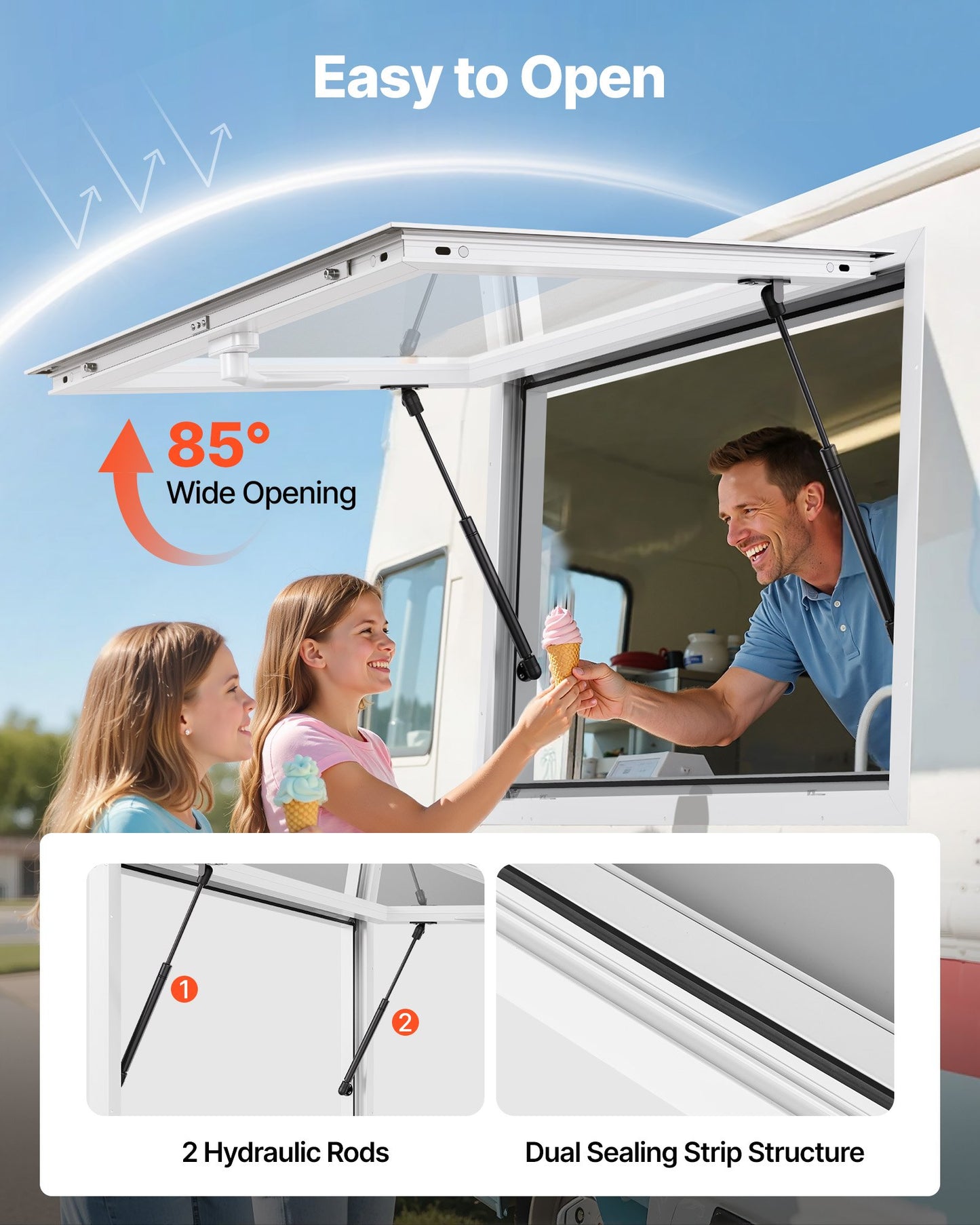 Concession Window 92x61 cm, Aluminum Alloy Frame Service Window for Food Truck, Up to 85 Degrees Stand Serving Window with Awning Door and Drag Hook, Rainwater Resistant for Concession Trailers