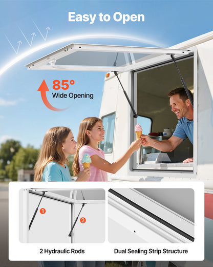 Concession Window 92x92 cm, Aluminum Alloy Frame Service Window for Food Truck, Up to 85 Degrees Stand Serving Window with Awning Door and Drag Hook, Rainwater Resistant for Concession Trailers
