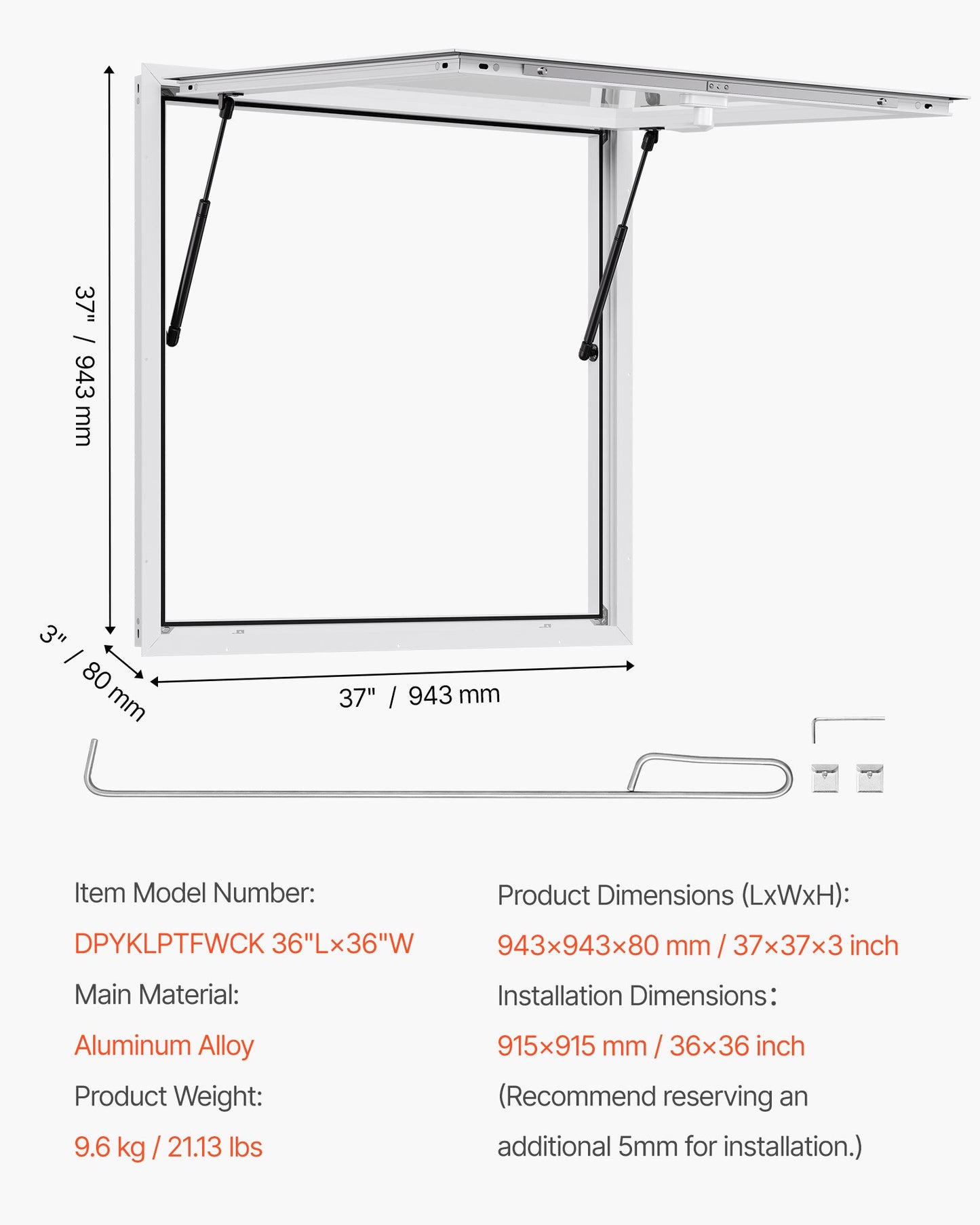 Concession Window 92x92 cm, Aluminum Alloy Frame Service Window for Food Truck, Up to 85 Degrees Stand Serving Window with Awning Door and Drag Hook, Rainwater Resistant for Concession Trailers