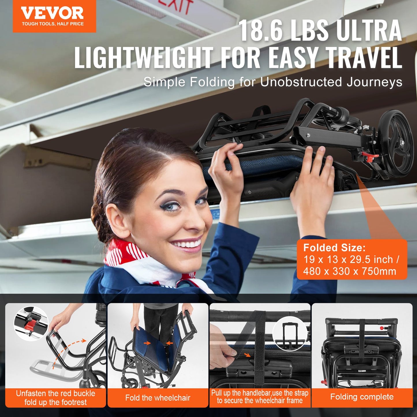 Wheelchair Aluminum Alloy Transport Chair Foldable 40 cm W Seat 99.8 kg