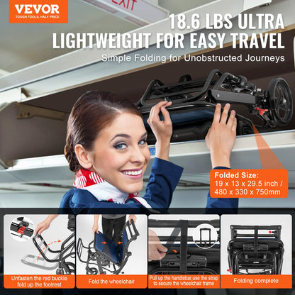 Wheelchair Aluminum Alloy Transport Chair Foldable 40 cm W Seat 99.8 kg