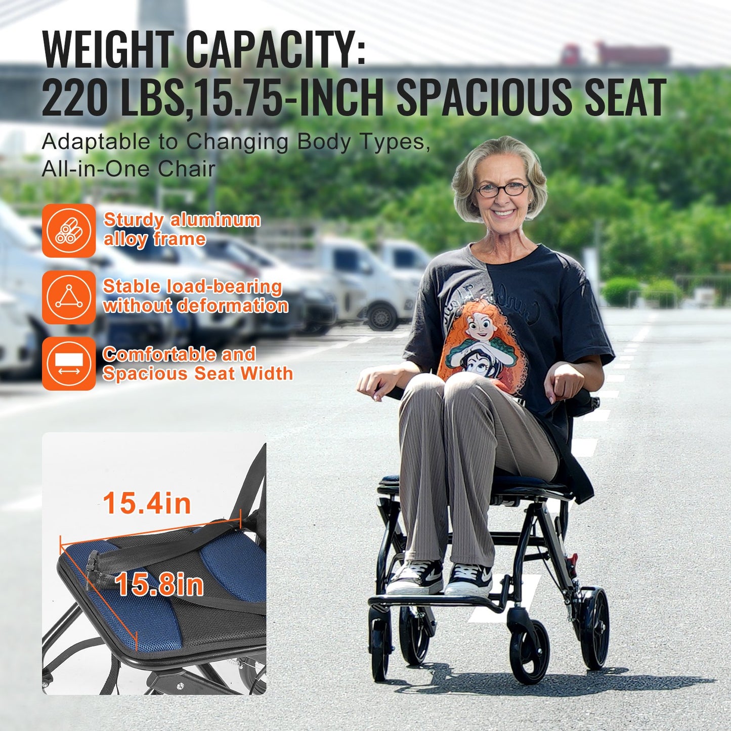 Wheelchair Aluminum Alloy Transport Chair Foldable 40 cm W Seat 99.8 kg