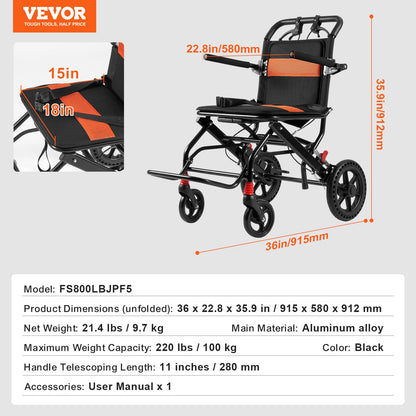 Wheelchair Aluminum Alloy Transport Chair Foldable 45.7 cm W Seat 99.8 kg