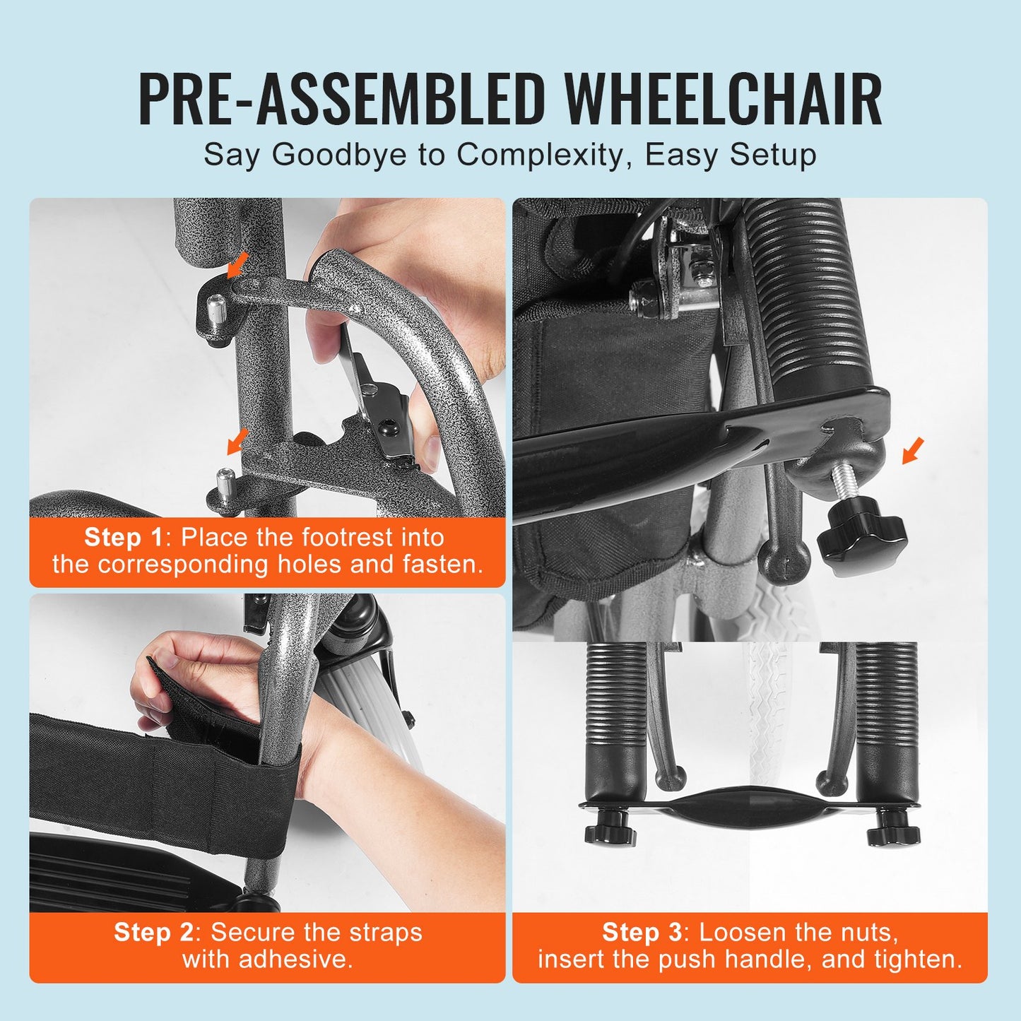 Wheelchair, Carbon Steel Transport Chair for Adults, Foldable Wheelchair with Detachable Armrest, Self-locking Brake, 24-Inch Wide Seat, 300lbs Weight Capacity, for the Disabled Move Freely