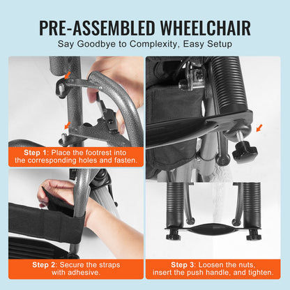 Wheelchair, Carbon Steel Transport Chair for Adults, Foldable Wheelchair with Detachable Armrest, Self-locking Brake, 24-Inch Wide Seat, 300lbs Weight Capacity, for the Disabled Move Freely