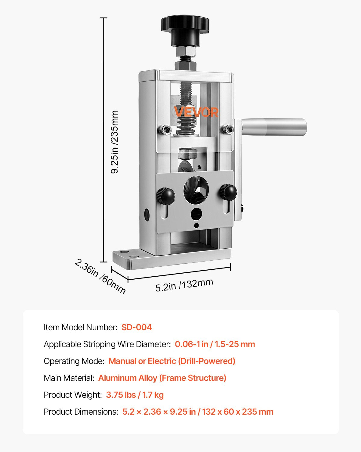 Manuell avisoleringstång 1,5-25 mm (0,06-1 tum) Hand- eller borrmaskin