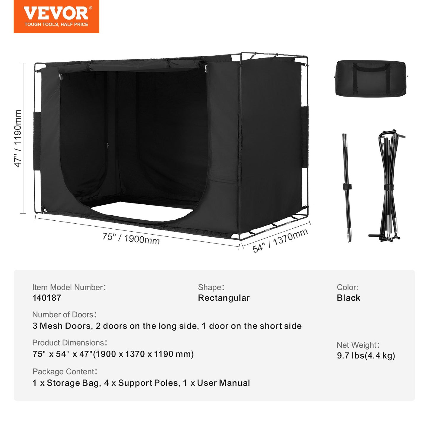 3-dörrars sängtält, andningsbart, 70 % mörkläggning med 0,37 tums fiberstänger, 1900x1370x1190 mm