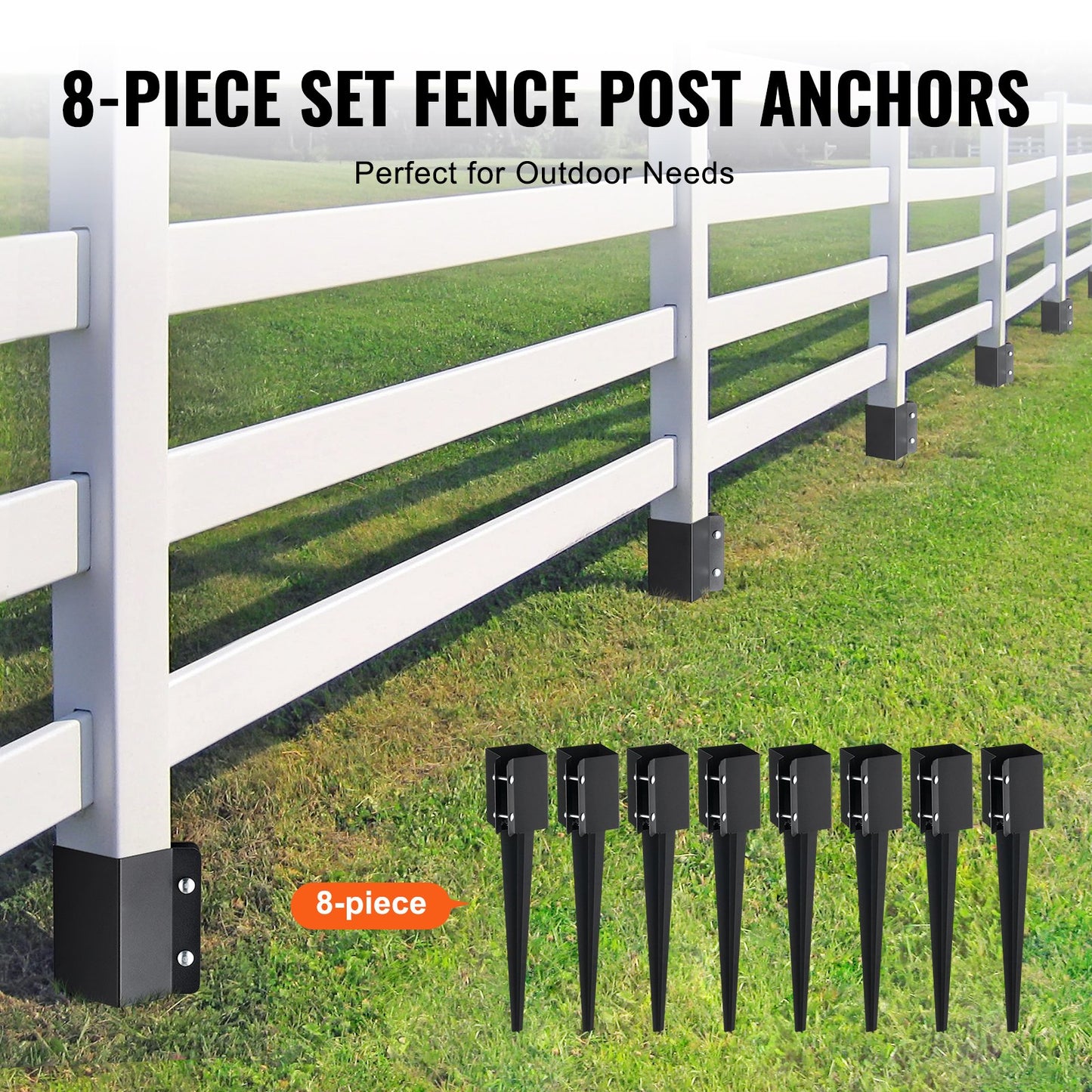 Fence Post Anchor Ground Spike, 8 Pack 24 x 4 x 4 Inches/61 x 10.2 x 10.2 cm Outer Diameter (Inner Diameter 3.5 x3.5 Inches/ 8.9 x 8.9 cm), Metal Black Powder Coated Post Stake Ground, for Mailbox Deck Garden Railing