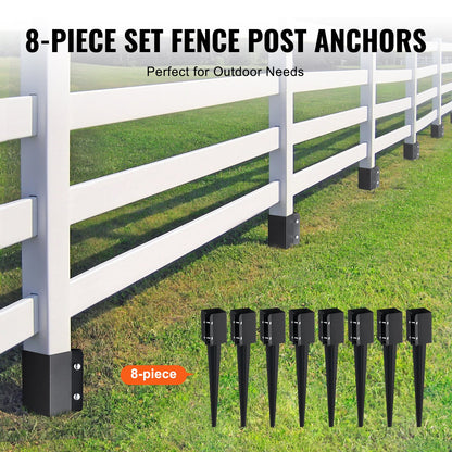 Fence Post Anchor Ground Spike, 8 Pack 24 x 4 x 4 Inches/61 x 10.2 x 10.2 cm Outer Diameter (Inner Diameter 3.5 x3.5 Inches/ 8.9 x 8.9 cm), Metal Black Powder Coated Post Stake Ground, for Mailbox Deck Garden Railing
