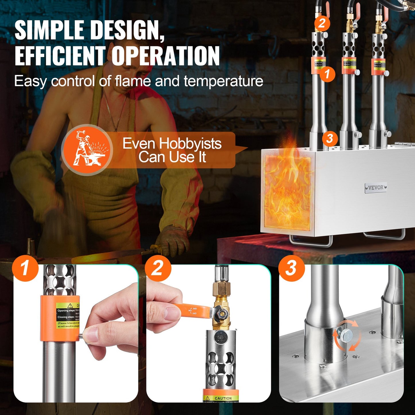 Bärbar propansmedja, hovslagarsmedja med 3 brännare, 2600℉ verktygs- och knivtillverkning, smedgassmedja för smedja, fyrkantiga rostfria stålverktyg och utrustning med stor kapacitet för metallsmide