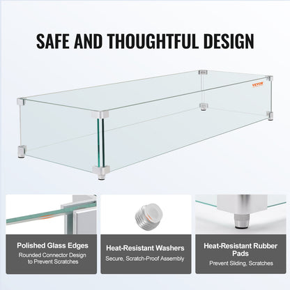 Fire Pit Wind Guard, 38 x 10.5 x 6 Inch Glass Wind Guard, Rectangular Glass Shield, 0.3\" Thick Fire Table, Clear Tempered Glass Flame Guard, Steady Feet Tree Pit Guard for Propane, Gas, Outdoor