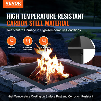 Fire Pit Ring, 36x36 in Outer/30x30 in Inner Diameter, 10inch Height Square Fire Pit Insert, Heavy Duty Carbon Steel Liner DIY Campfire Ring above or In-Ground, for Outdoor Camping, Bonfires