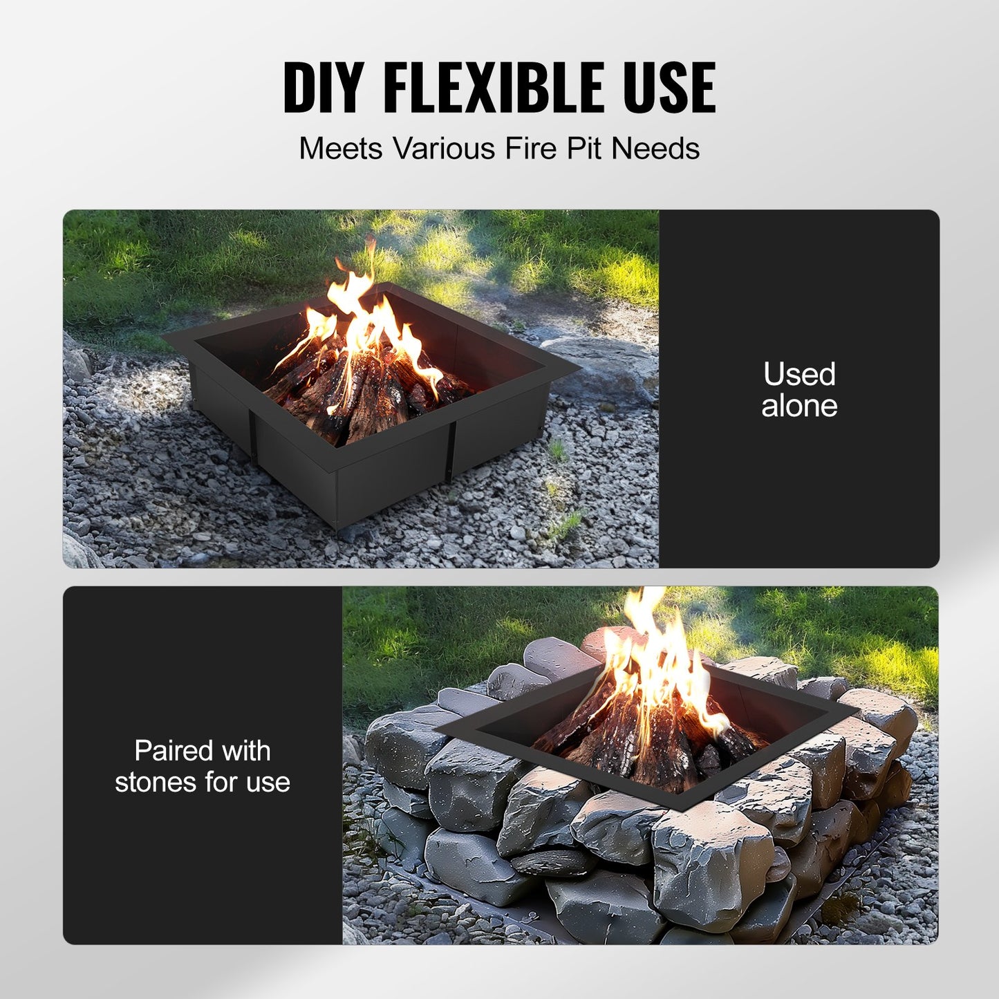 Fire Pit Ring, 36x36 in Outer/30x30 in Inner Diameter, 10inch Height Square Fire Pit Insert, Heavy Duty Carbon Steel Liner DIY Campfire Ring above or In-Ground, for Outdoor Camping, Bonfires