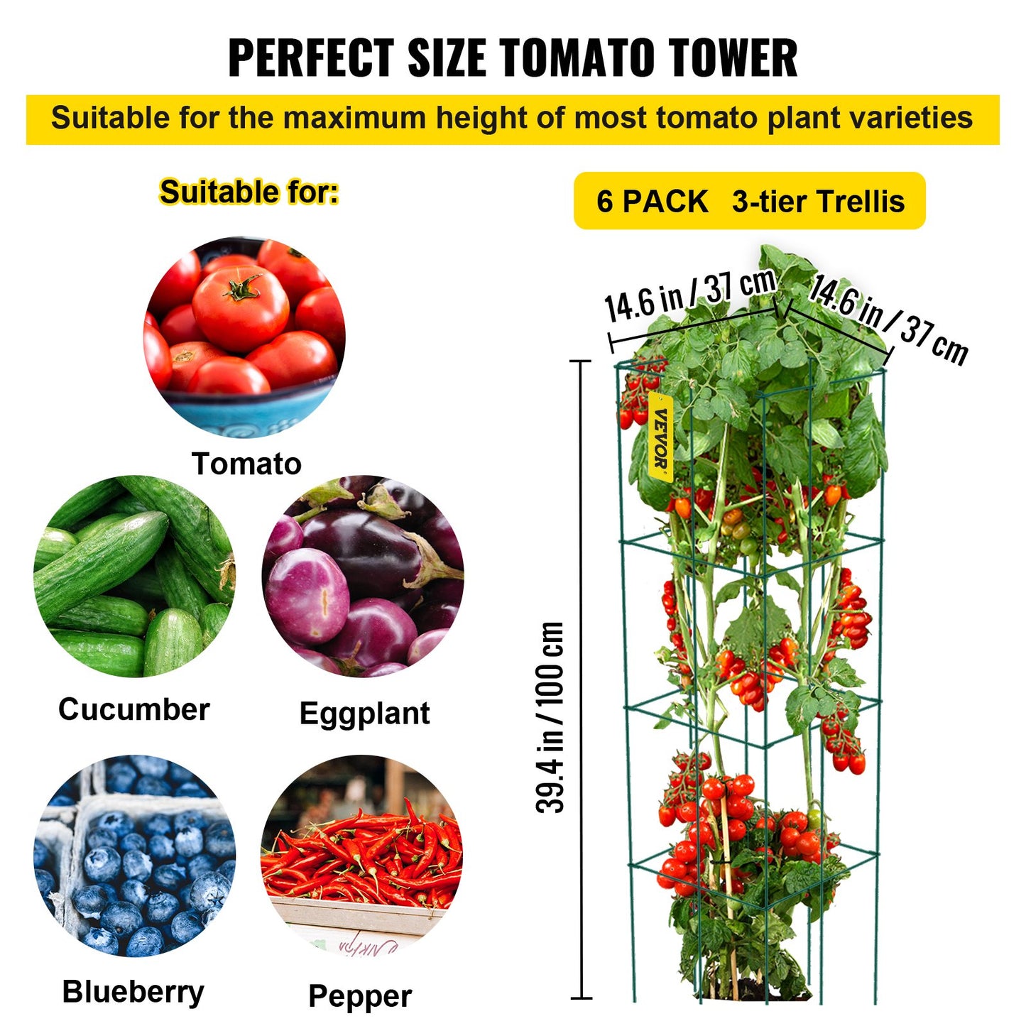 Tomato Cages, 14.6" x 14.6" x 39.4", 6 Packs Square Plant Support Cages, Green PVC-Coated Steel Tomato Towers for Climbing Vegetables, Plants, Flowers, Fruits