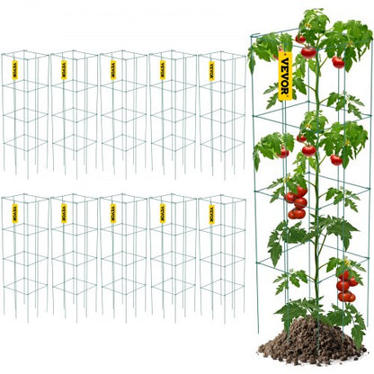 Tomatburar, 28 x 28 x 112 cm, 10-pack fyrkantiga växtstödburar, gröna PVC-belagda ståltomattorn för klättergrönsaker, växter, blommor och frukter
