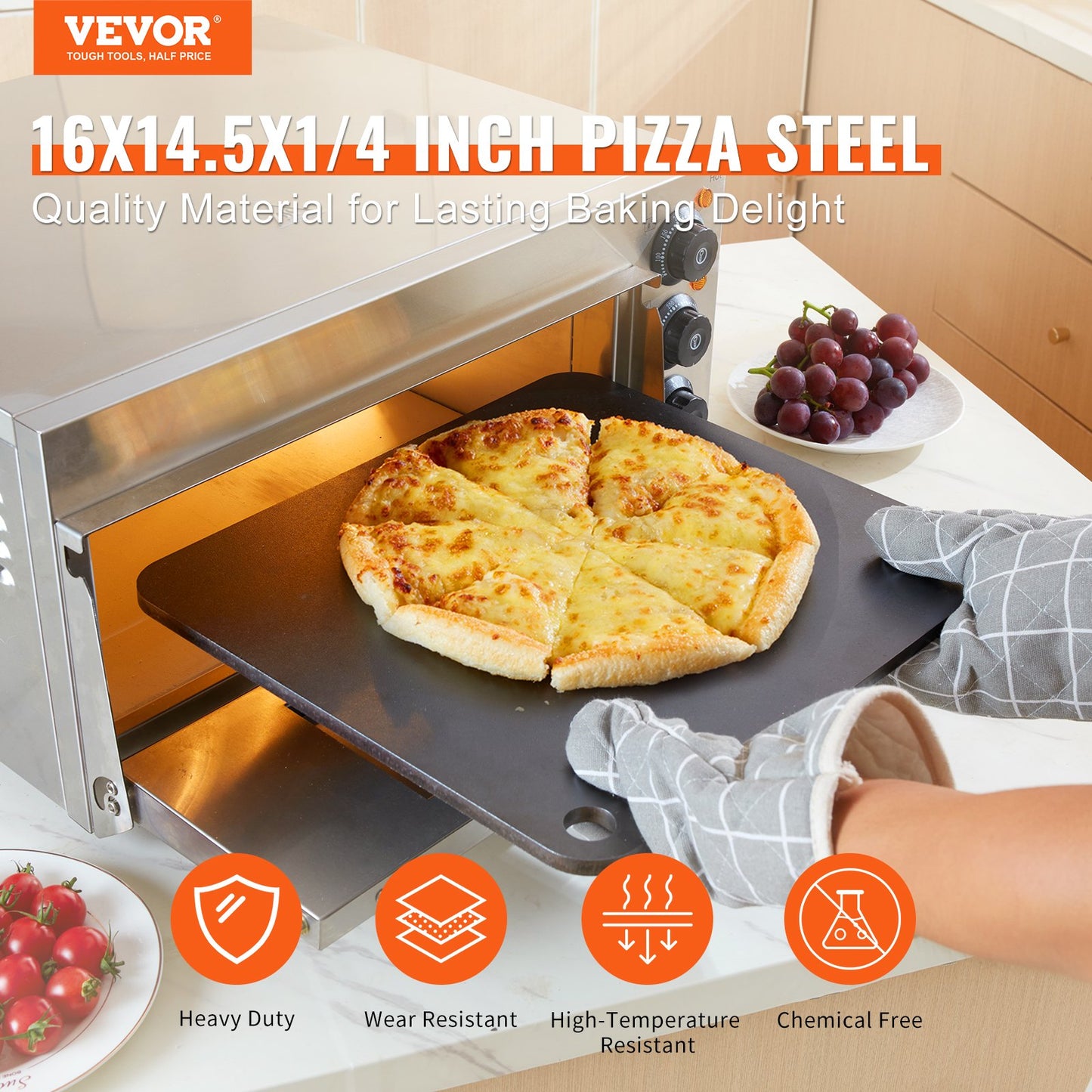 Pizza Steel, 16" x 14.5" x 1/4" Pizza Steel Plate for Oven, Pre-Seasoned Carbon Steel Pizza Baking Stone with 20X Higher Conductivity, Heavy Duty Pizza Pan for Outdoor Grill, Indoor Oven