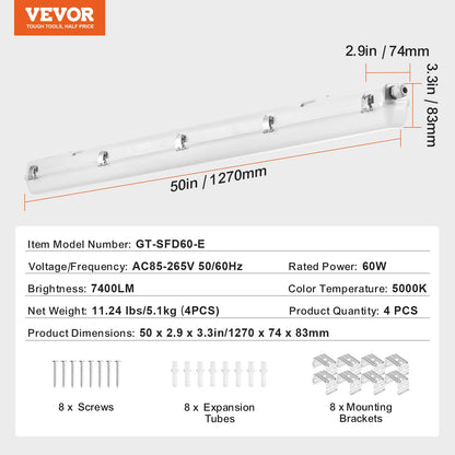 1270mm / 4FT LED Vapor Tight Light, 60W, 7400LM Vapor Proof Light Fixture with 5000K IP65 Waterproof, for Outdoor Semi-Outdoor Cold Environments Parking Lot Warehouse Walk-In Freezer Car Wash, 4-Pack
