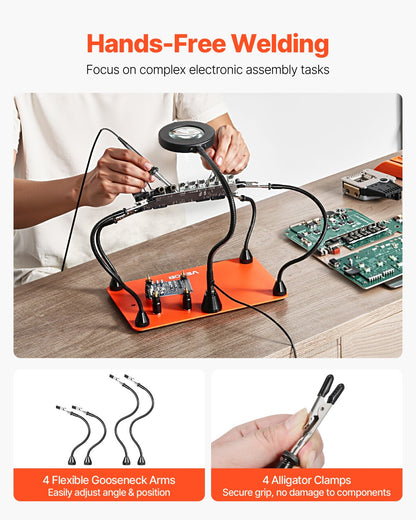 Magnetic Helping Hands Soldering Station, 4 Flexible Arms Third Hand Soldering Tool, with 3X LED Magnifying Lamp, 4 PCB Pillar Holder & Heavy-Duty Base, Electronic Repair Craft Hobby DIY