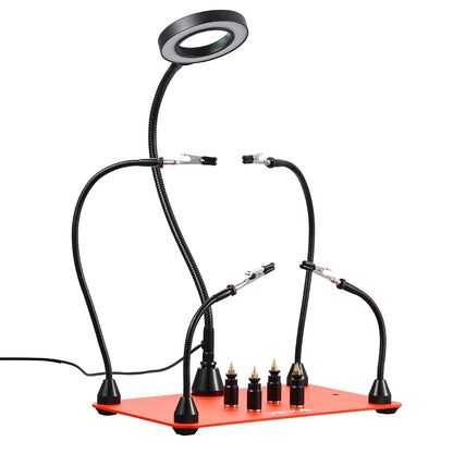 Magnetic Helping Hands Soldering Station, 4 Flexible Arms Third Hand Soldering Tool, with 3X LED Magnifying Lamp, 4 PCB Pillar Holder & Heavy-Duty Base, Electronic Repair Craft Hobby DIY