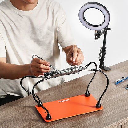 Magnetic Helping Hands Soldering Station, 4 Flexible Arms Third Hand Tool with 3X LED Magnifying Lamp & Non-Slip Heavy-Duty Base, Soldering Helping Hands for Electronic Repair Craft Hobby DIY