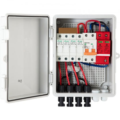 PV Combiner Box, 4 String, Solar Combiner Box with 15A Rated Current Fuse, 63A Circuit Breaker, Lightning Arreste and Solar Connector, for On / Off Grid Solar Panel System, IP65 Waterproof