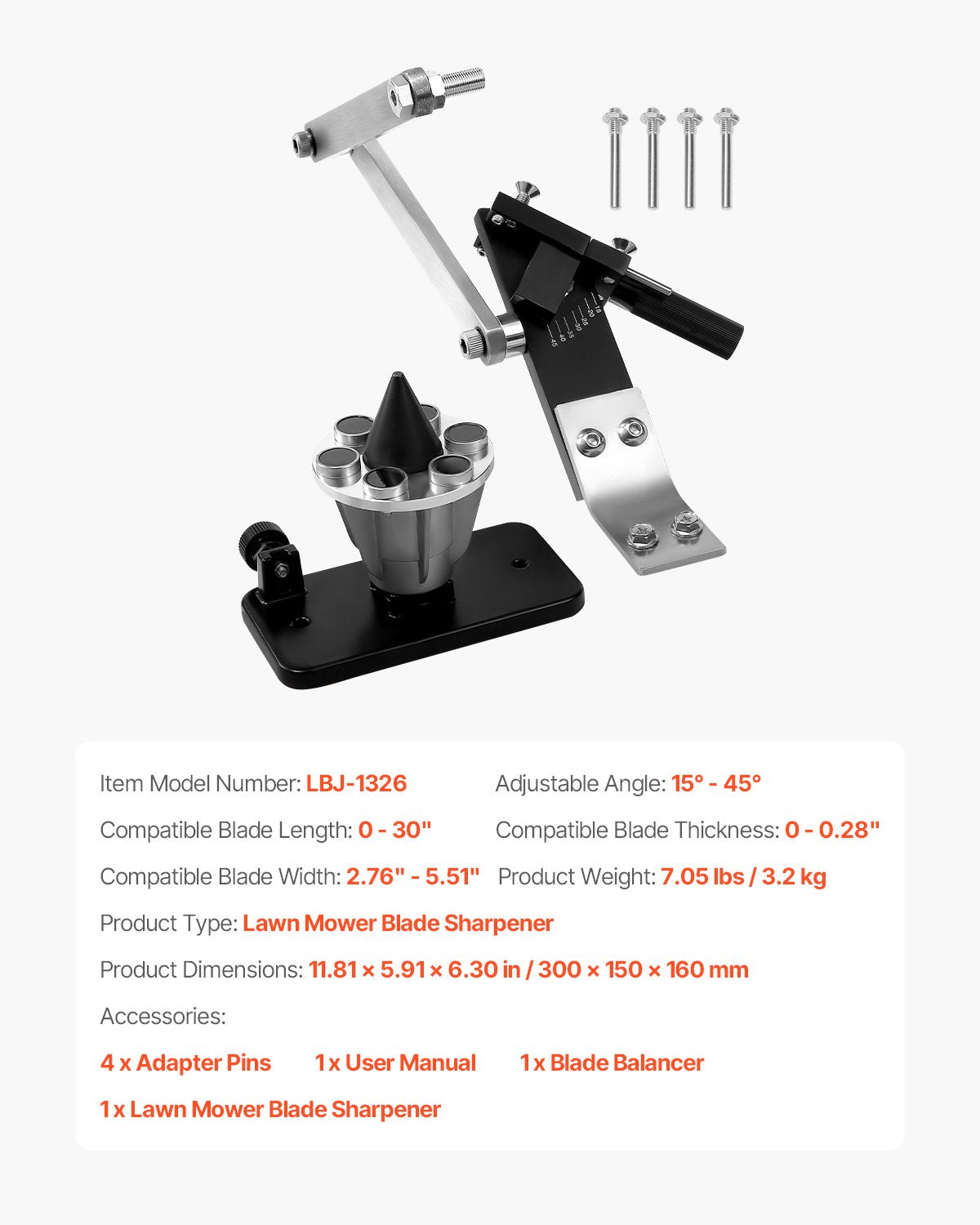 Lawn Mower Blade Sharpener and Balancer, 15° - 45° Adjustable Lawnmower Blade Sharpening Tool with 4 Adapter Pins, Ball Bearings & 25mm Enlarged Handle, Compatible with Most Angle Grinders
