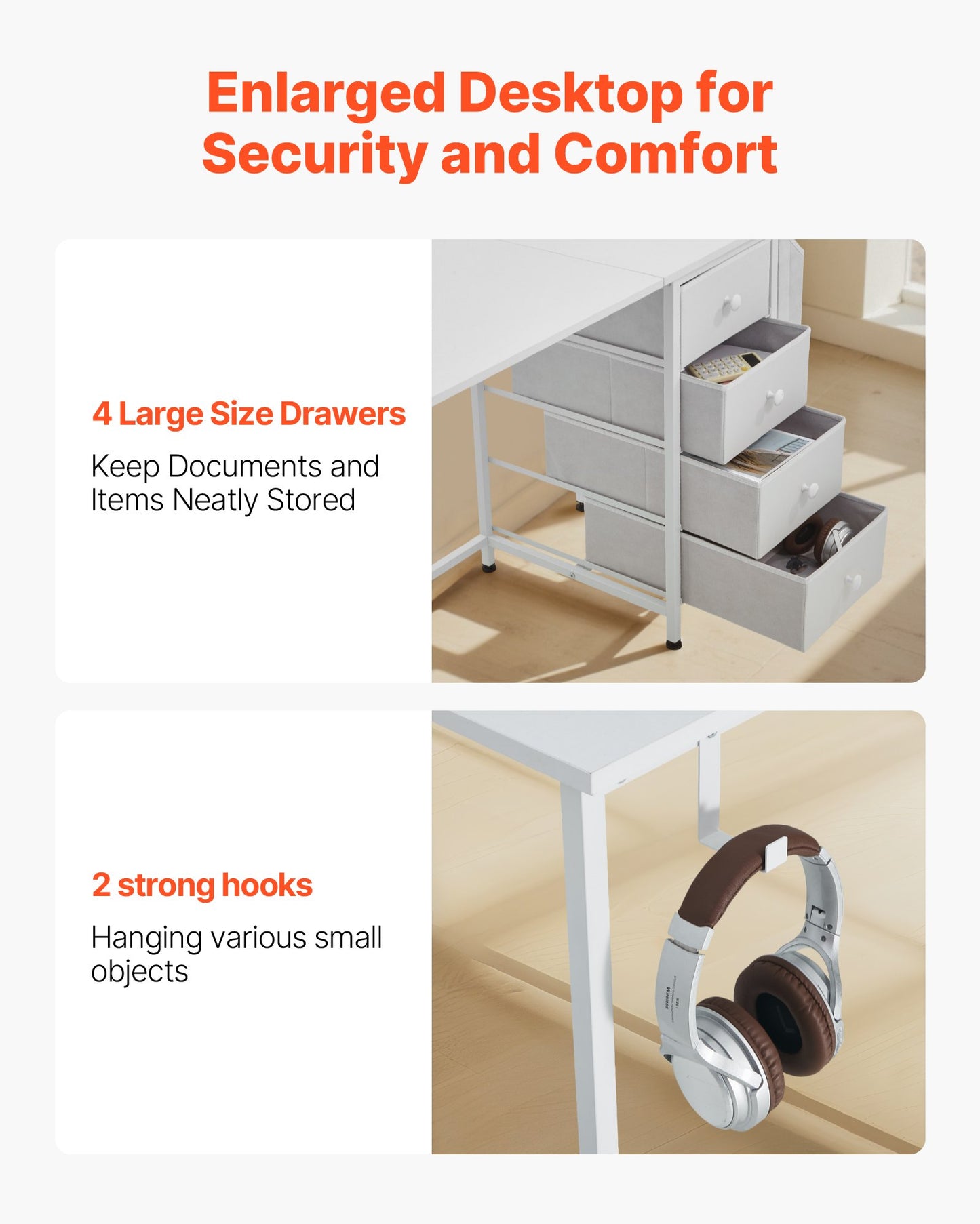 Datorskrivbord med tyglådor, 120 cm vändbart arbetsbord för modernt hemmakontor, enkelt modernt och sött PC-bord med metallram, kontorsmöbler, vit