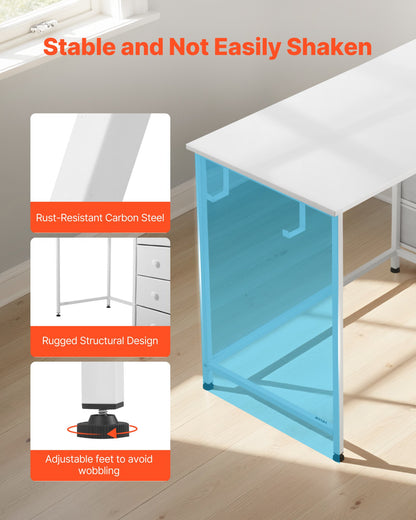Datorskrivbord med tyglådor, 120 cm vändbart arbetsbord för modernt hemmakontor, enkelt modernt och sött PC-bord med metallram, kontorsmöbler, vit