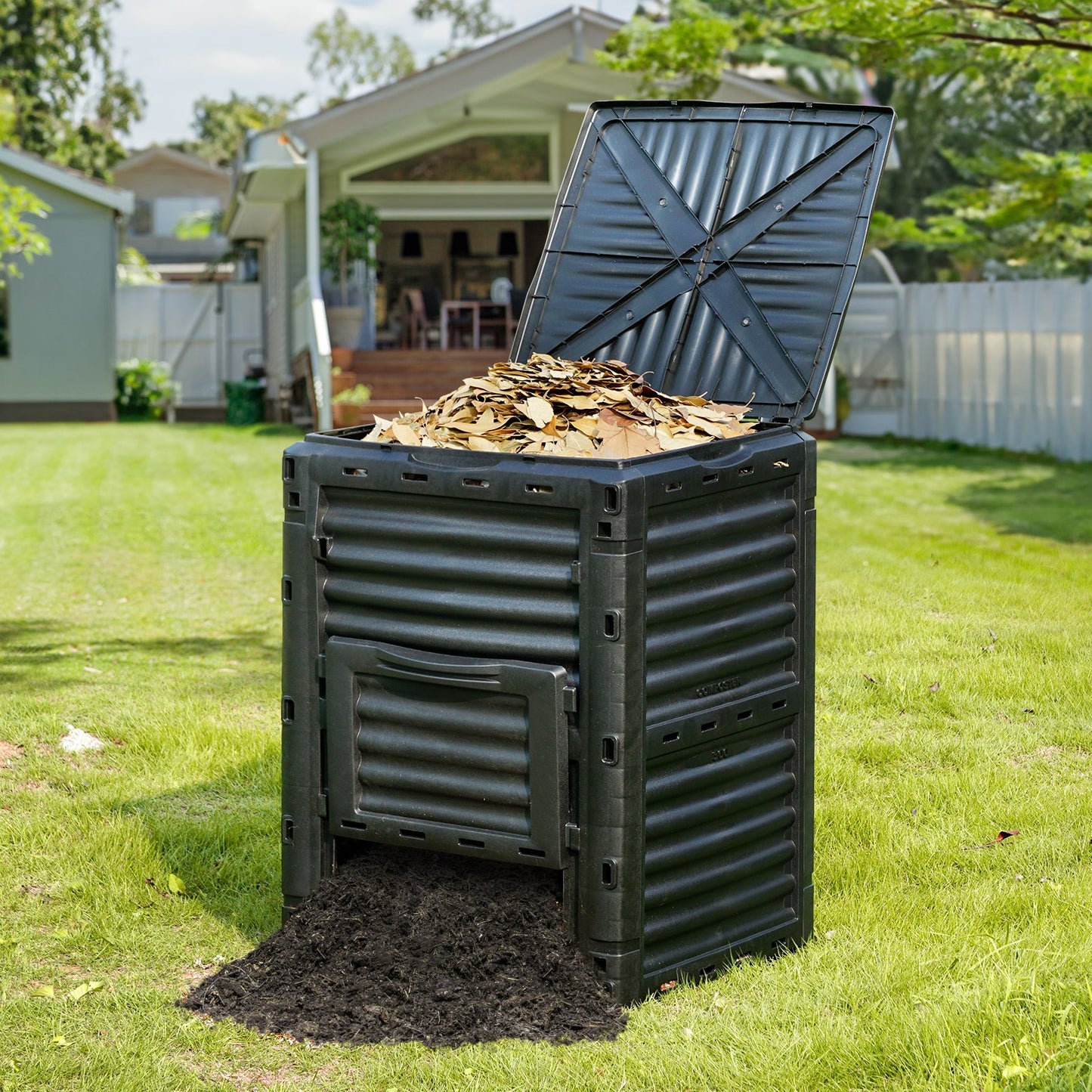Garden Compost Bin 80 Gal, BPA Free Composter, Large Capacity Outdoor Composting Bin with Top Lid and Bottom Door, Easy Assembling, Lightweight, Fast Creation of Fertile Soil