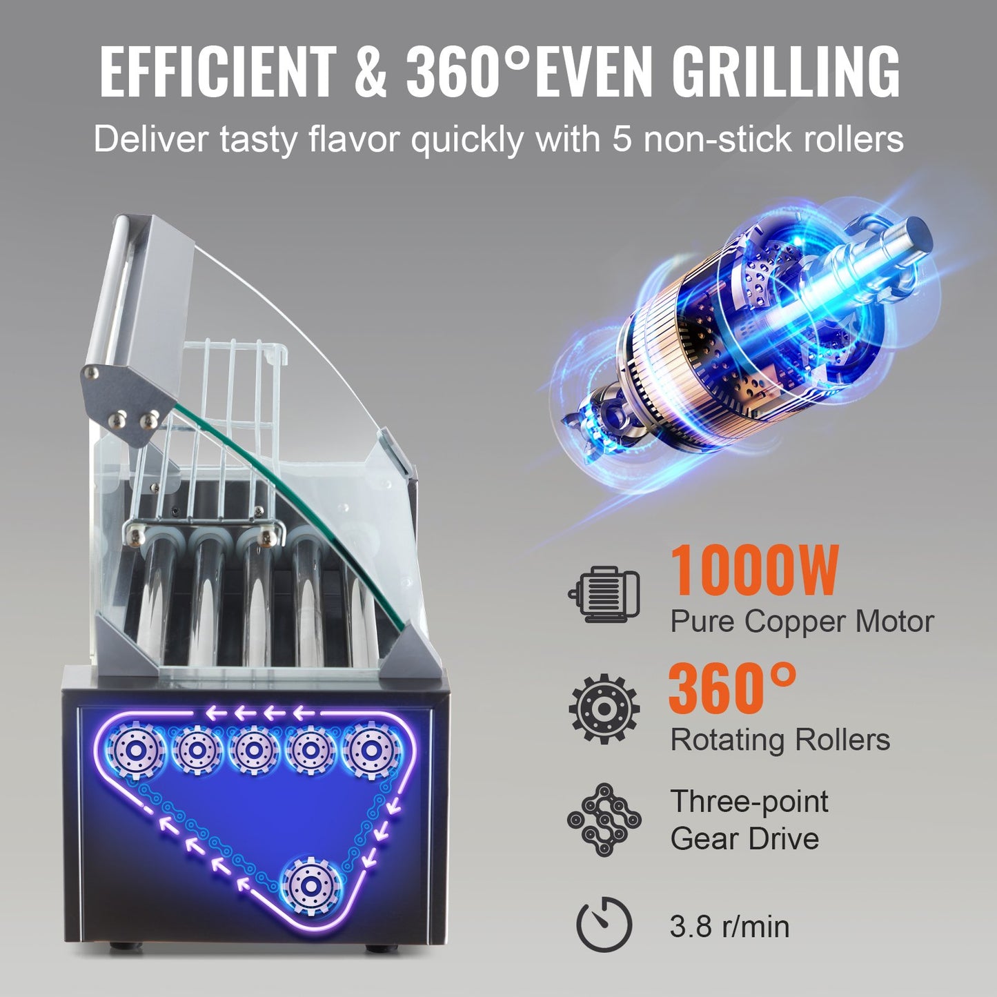 Electric 12 Hot Dog 5 Roller Grill Cooker Machine Backsplash & Shelf 1000W