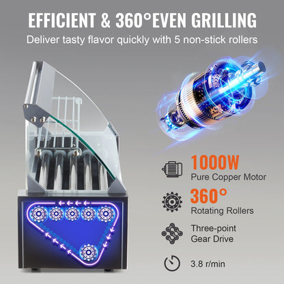 Electric 12 Hot Dog 5 Roller Grill Cooker Machine Backsplash & Shelf 1000W