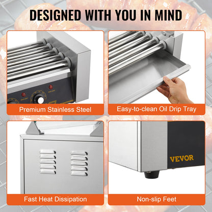 Electric 12 Hot Dog 5 Roller Grill Cooker Machine Backsplash & Shelf 1000W