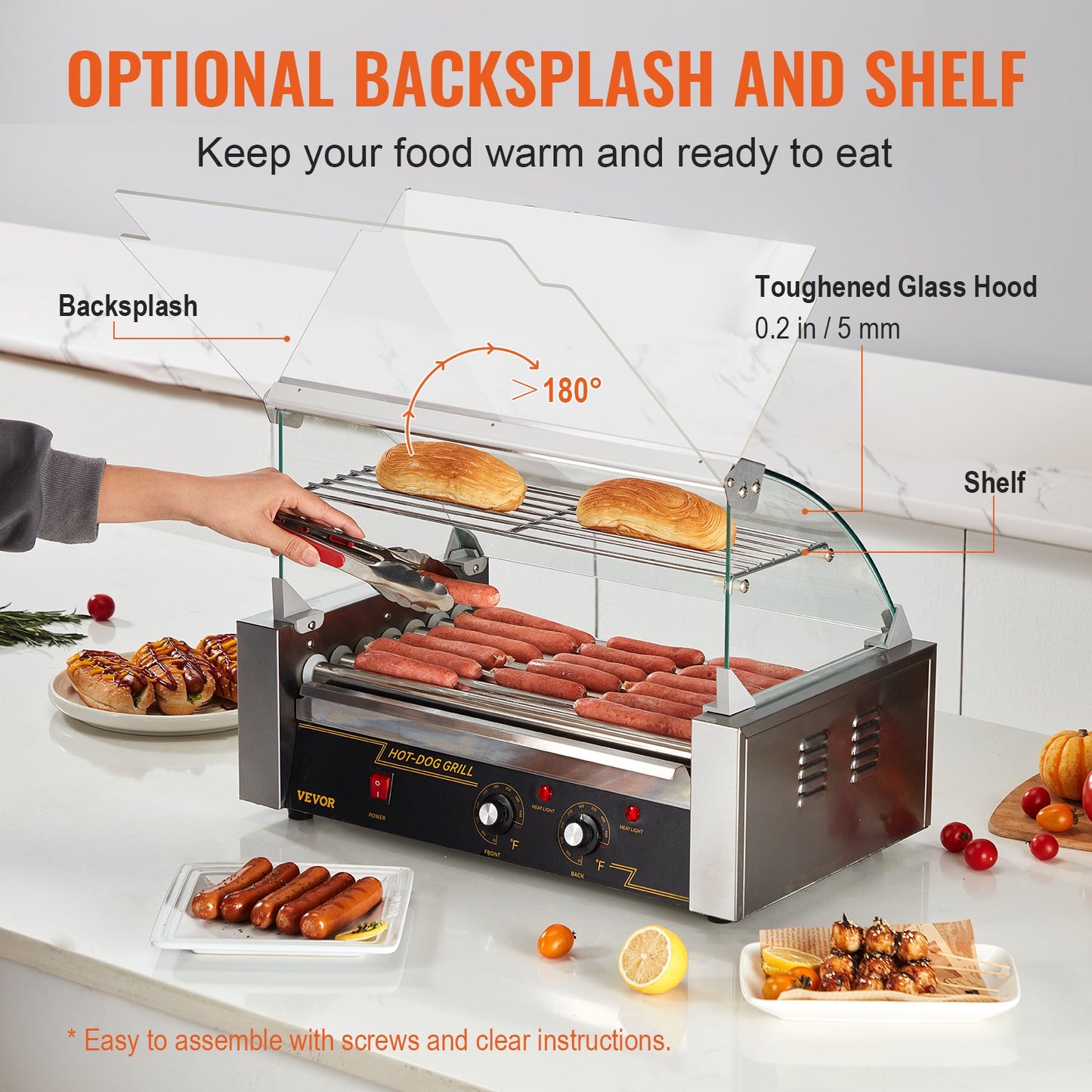 Electric 18 Hot Dog 7 Roller Grill Cooker Machine Backsplash & Shelf 1.4KW