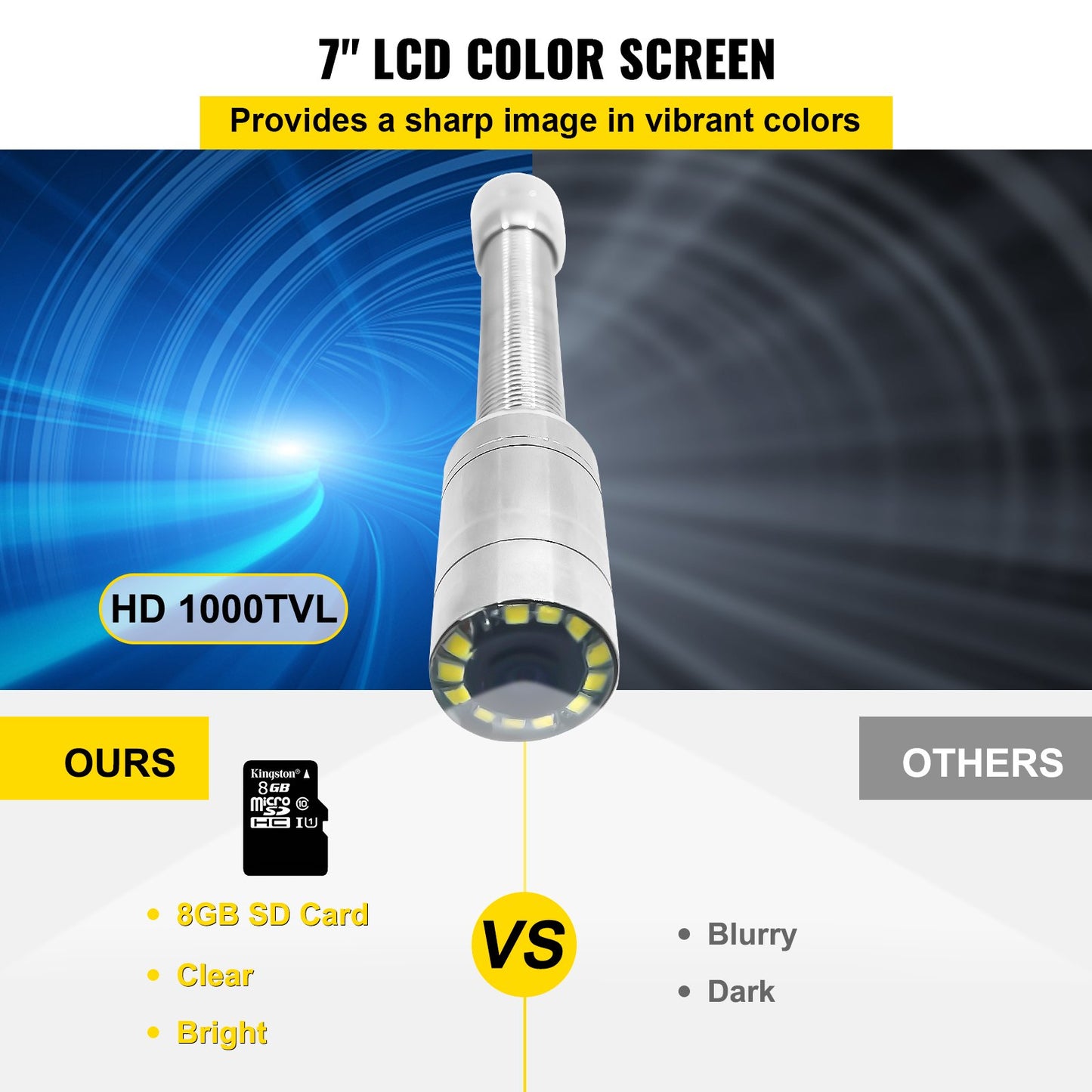 VEV Sewer Camera, Pipe Inspection Camera 30M, Sewer Inspection Video Camera 7” Monitor Pipeline Inspection Camera Drain Camera Industrial Endoscope HD DVR Recorder with 8GB Card