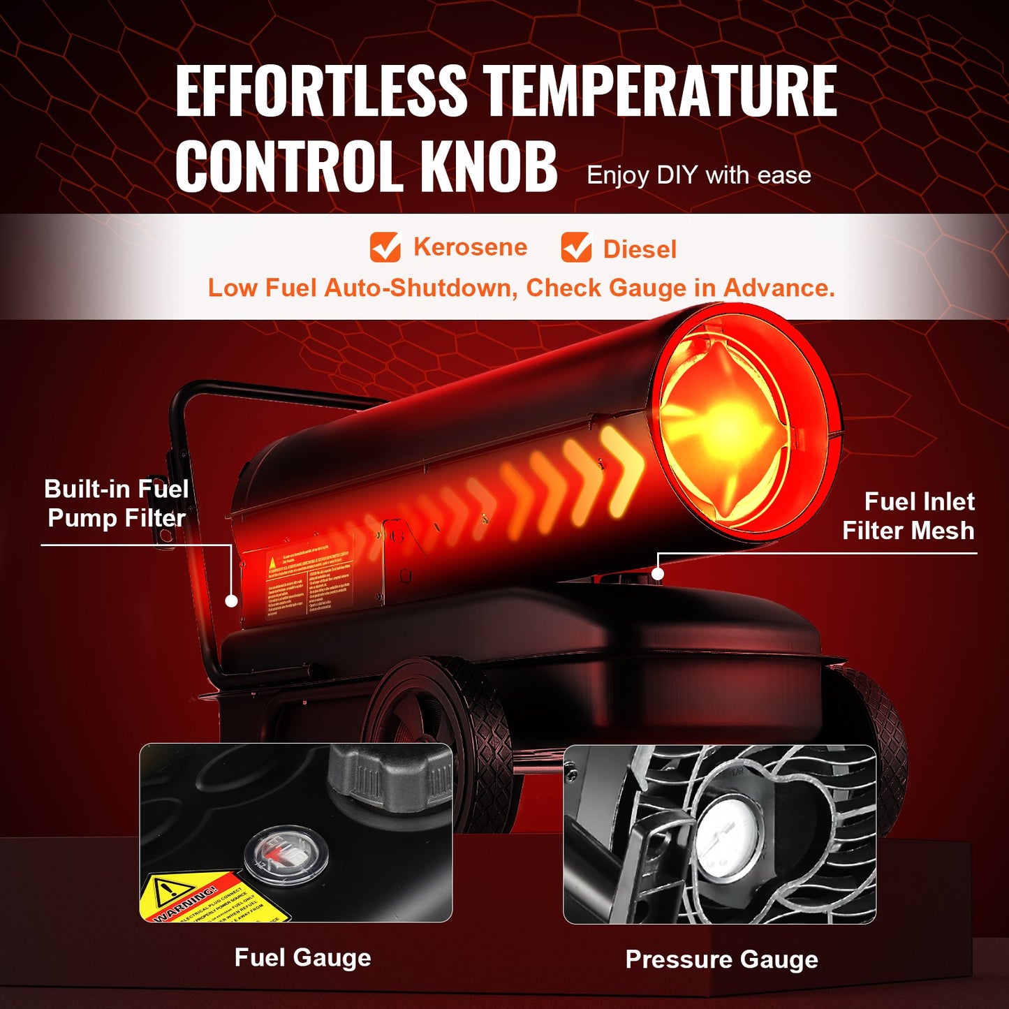 Kerosene/Diesel Forced Air Heater, 100000Btu Torpedo Space Heater, Portable with Thermostat Control,38L Tank Efficient Indoor/Outdoor Kerosene Heater For Home,Jobsite, industrial,Workshops,Black