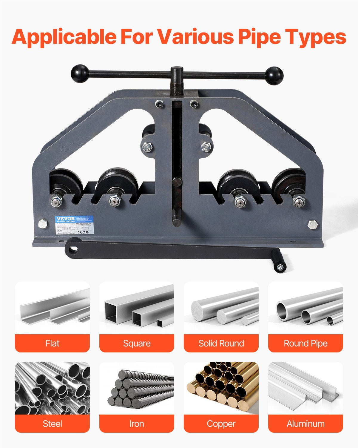 Tube Roller Bender, Max 1-1/2" Manual Tube Pipe Roller Bender with 6 Dies, 360° Copper Aluminum Pipe Bending Tool for Square, Round Tube & Flat Bar, Ideal for HVAC Air Conditioning Auto Repair